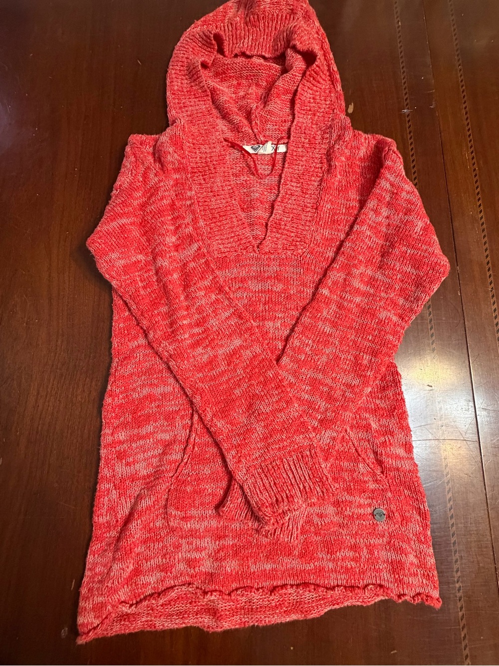 Roxy Hooded Sweater S Coral Marled Knit Hoodie Kangaroo Pocket Surf Y2